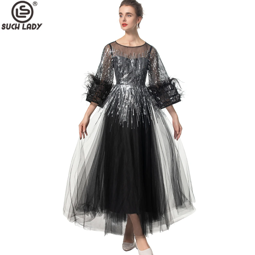 

Women's Runway Dresses O Neck 3/4 Sleeves Feathers Sequined Elegant Fashion Designer Vestidos