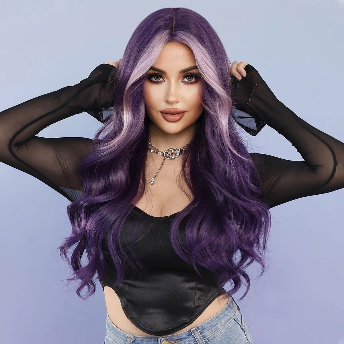 NAMM High Density Synthetic Body Wavy Dark Purple Wig for Women Daily Party Loose Long Curly Hair Wigs with Bangs Heat Resistant