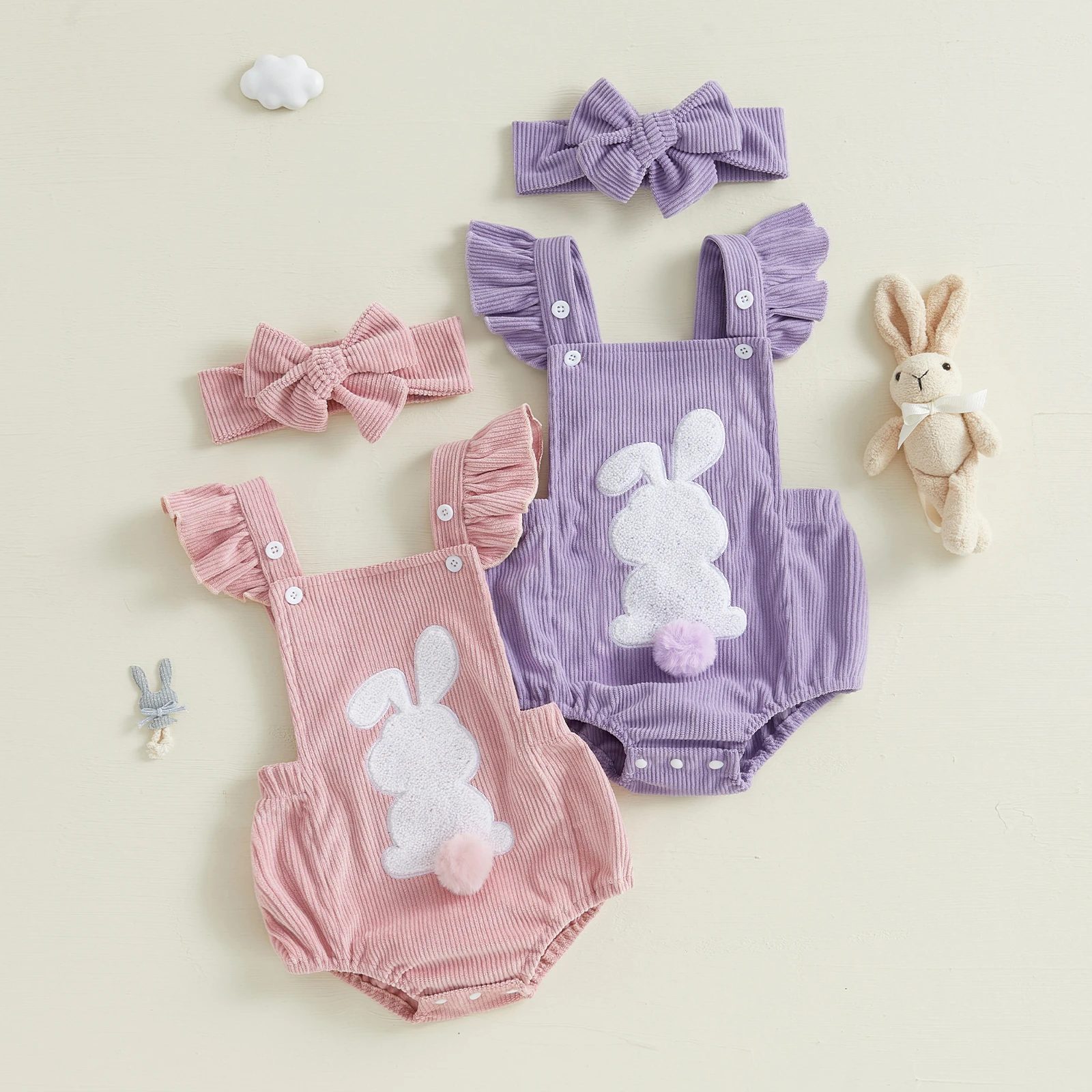 

Cute Baby Girl Easter Costume Casual Corduroy Bunny Romper Flying Sleeve Bunny Embroidery Bodysuits with Headband Clothes