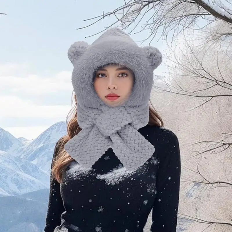 Fuzzy Hat Bunny Ear Hat Cute Winter Hat Bear Scarf Plush Hat Bear Costume Bear Hood For Kids Women Young People Elderly Family