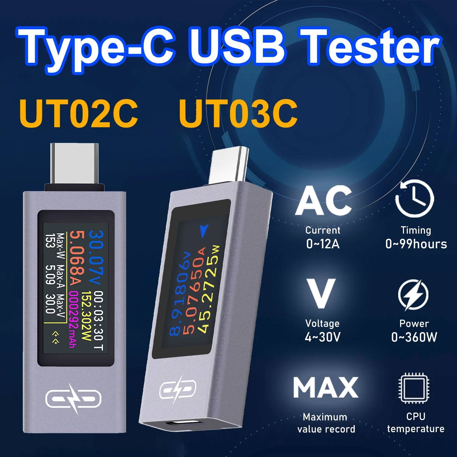 

Multifunction Type-C Tester DC 4~30V 12A Digital Voltage Current Power Meter withColor Screen Phone Fast Charging Tester Ammeter