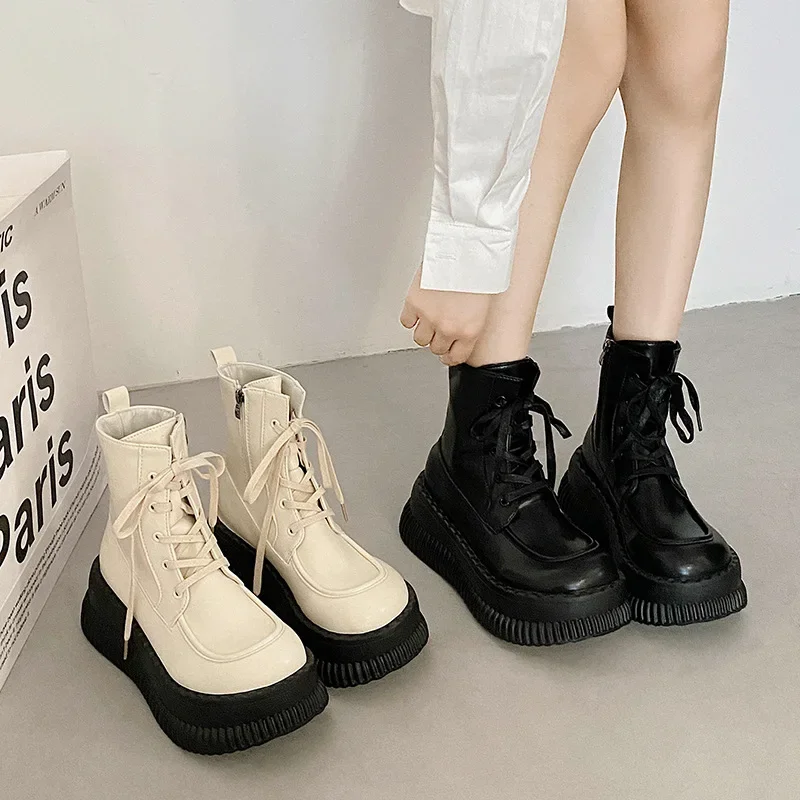 

Winter New Women Ankle Boots Fashion Lace Up High Platform Thick Bottom Bota Ladies Elegant Short Boots