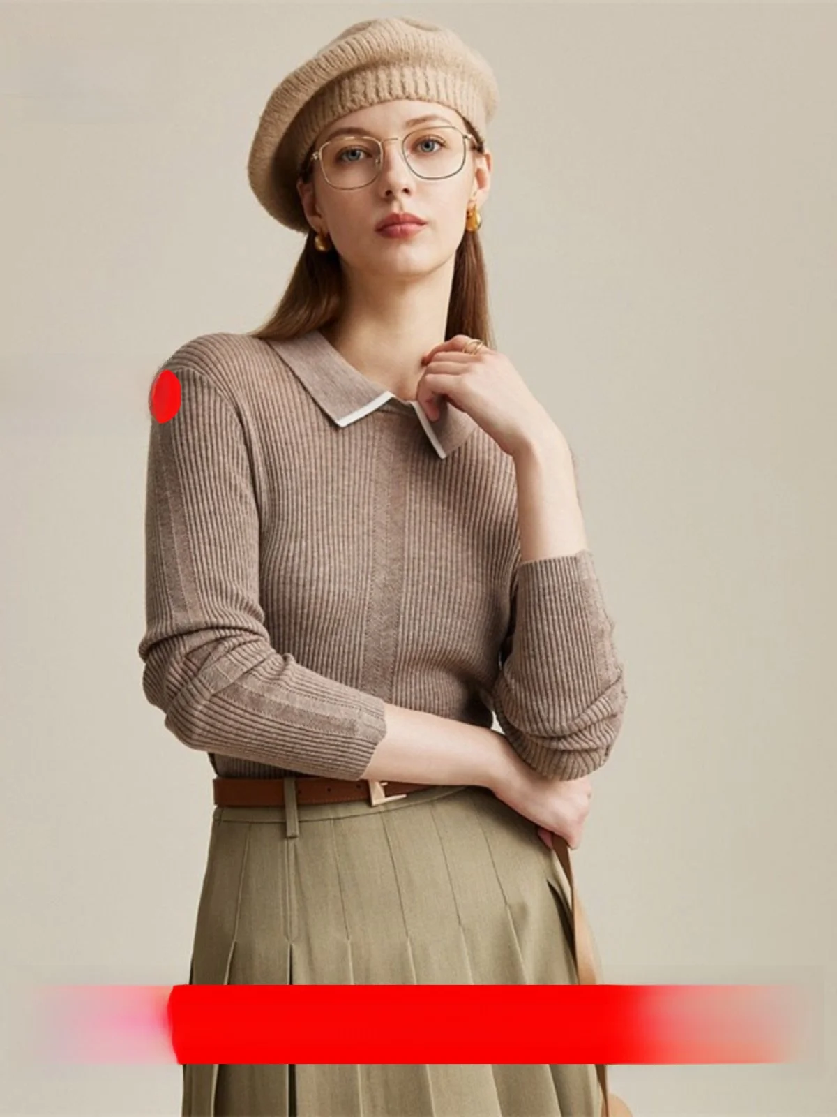 

Zhaojun 00% Pure Wool Autumn Winter Knitted Long Sve Sweater Ele Turn-down Collar Striped Women's Knitwear Straight Cut