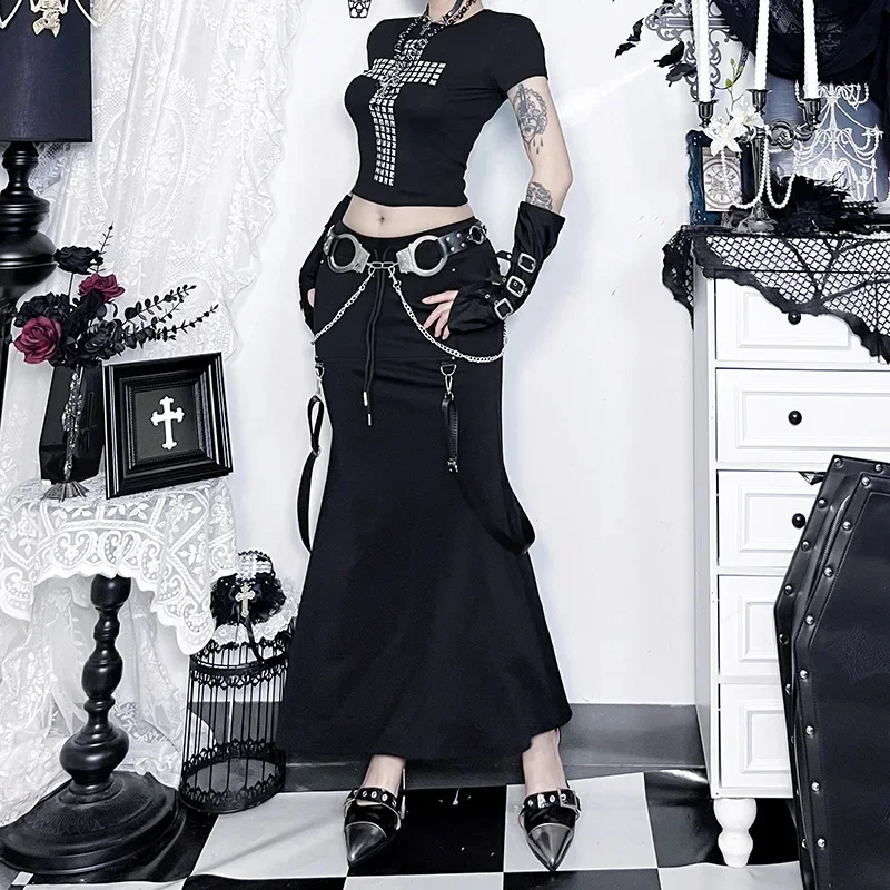 2025 Nieuwe Lente Herfst Vrouwen Rok Mode Koreaanse Stijl Zwarte Lange Rokken met Ketting Zijsplit Hip Hop Streetwear Plus Size