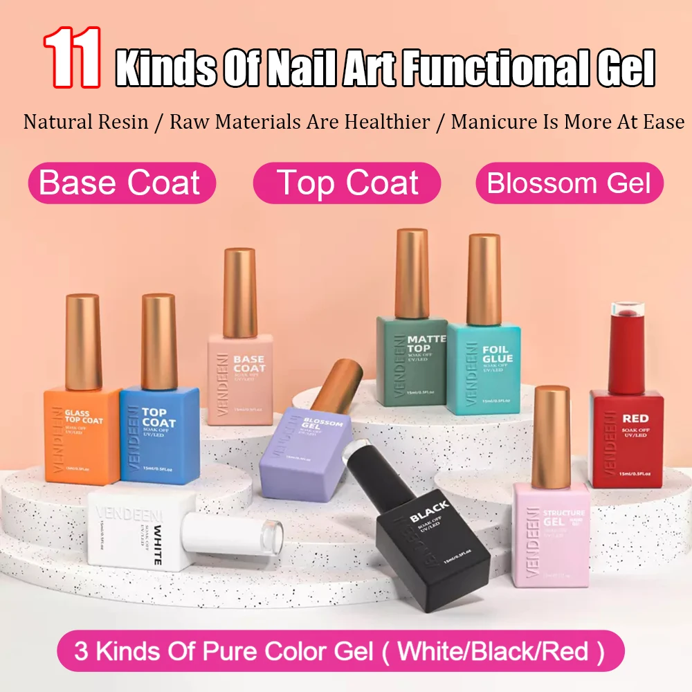 

Vendeeni 11 Kind Of Nail Art Functional Gel Top Coat Base Coat Russian Matte Top Coat Blossom Gel Pure Color Gel White Black Red