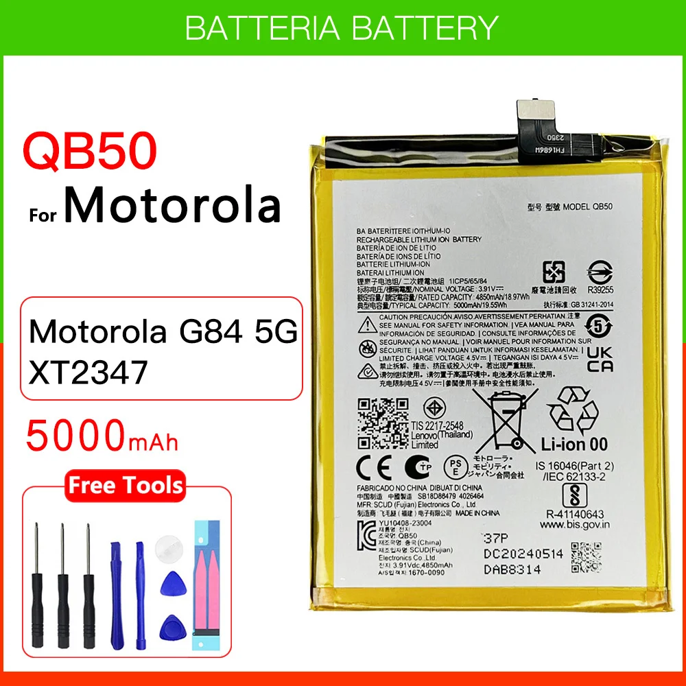 100% Original Genuine 5000mAh XT2347-2 QB50 Battery For Motorola MOTO G84 5G XT2347 QB 50 Batteries Batteria + FREE Kit Tools