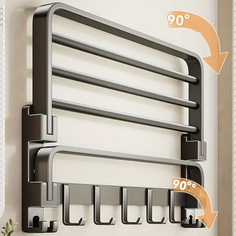2-Layer Wall Mounted Towel Rack With Hooks - a Foldable Aluminum Bathroom Rack Organizer Suitable For Modern Bathrooms