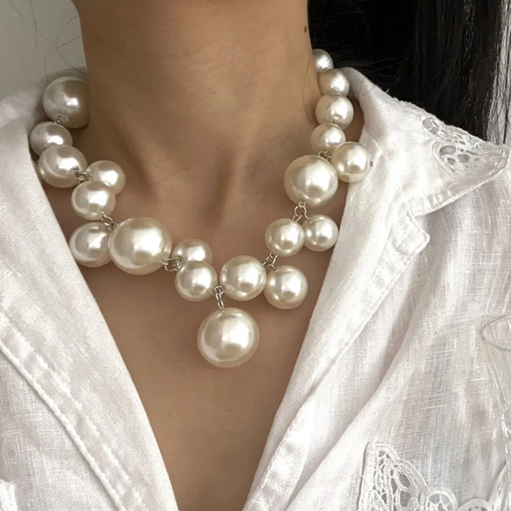 DIEZI French Vintage Bohemian Big Beads Pearl Choker Necklace For Women Girls New Luxury Bride Clavicle Chain Necklace Jewelry