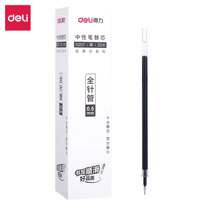 

20PCS/BOX Deli S207 Full Needle Head Gel Pen Refills 0.5mm Tip Black Blue Red Colors 132mm Length for Office School Supplies