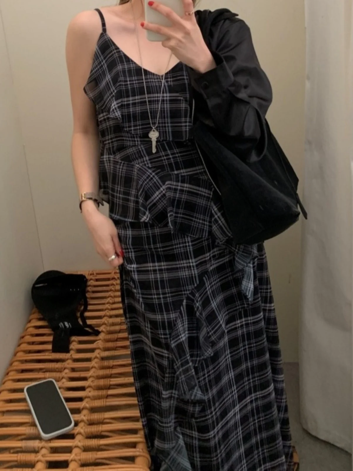 Vestido f e xadrez estilo coreano, camada base emaecedora, vestido longo com mangas de sino, decote em v, cin...