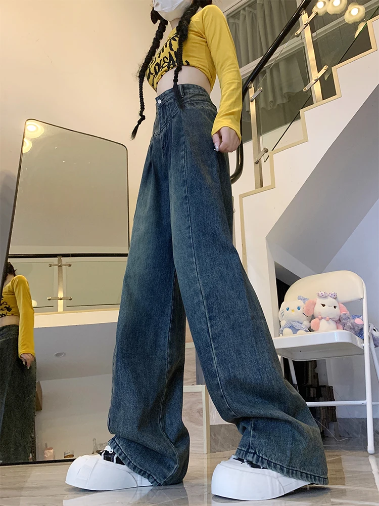 

Джинсы женские с высокой талией, широкие штанины, осень 2024, свободный крой, длинные брюки в пол, складчатые, стройнящие, прямого кроя