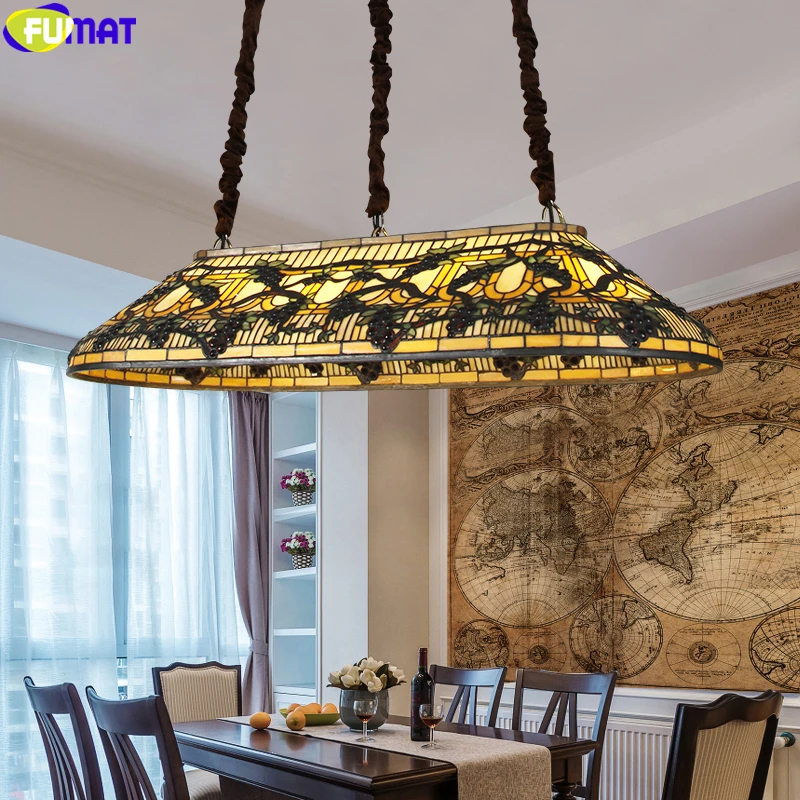 FUMAT Tiffany Style Grape Stained Glass Pendant Lights Haning Lamp Fixture Rectangle Dinning Room Art Luxury Decor Chandeliers