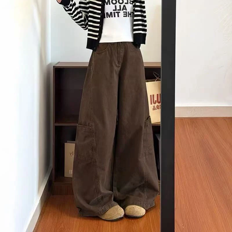 Vintage Brown Cargo Jeans for Women Y2K American High Waist Streetwear Loose Wide Leg Denim Pants Bf All Match Straight Pants