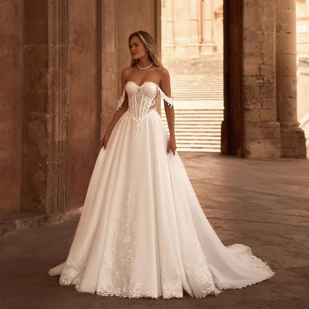 

Charming Off The Shoulder Flowers Lace Applique A Line Wedding Dresses Custom Made 2026 Rode De Morrie