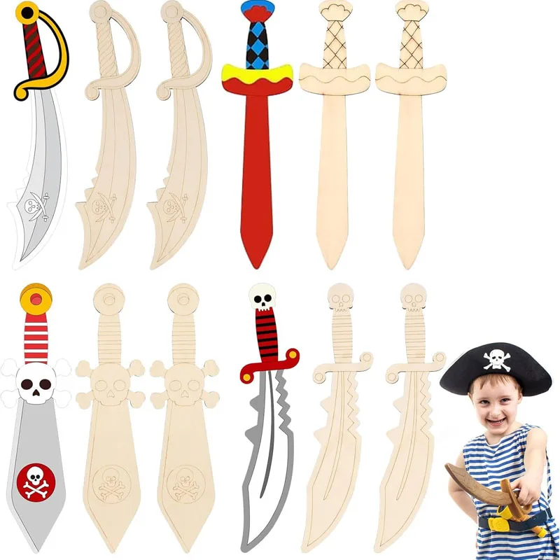 16/32pcs Unfinished Wooden Pirate Sword Set Including Various Shaped Blank Swords, Wooden Sword Pirate Sword - view 2