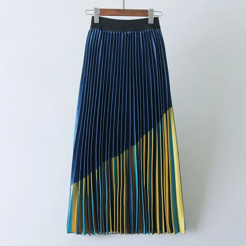 Gaganight fashion skirt spring new blue umbrella skirts splicing colorful printing high waist medium long organ pleated bottoms