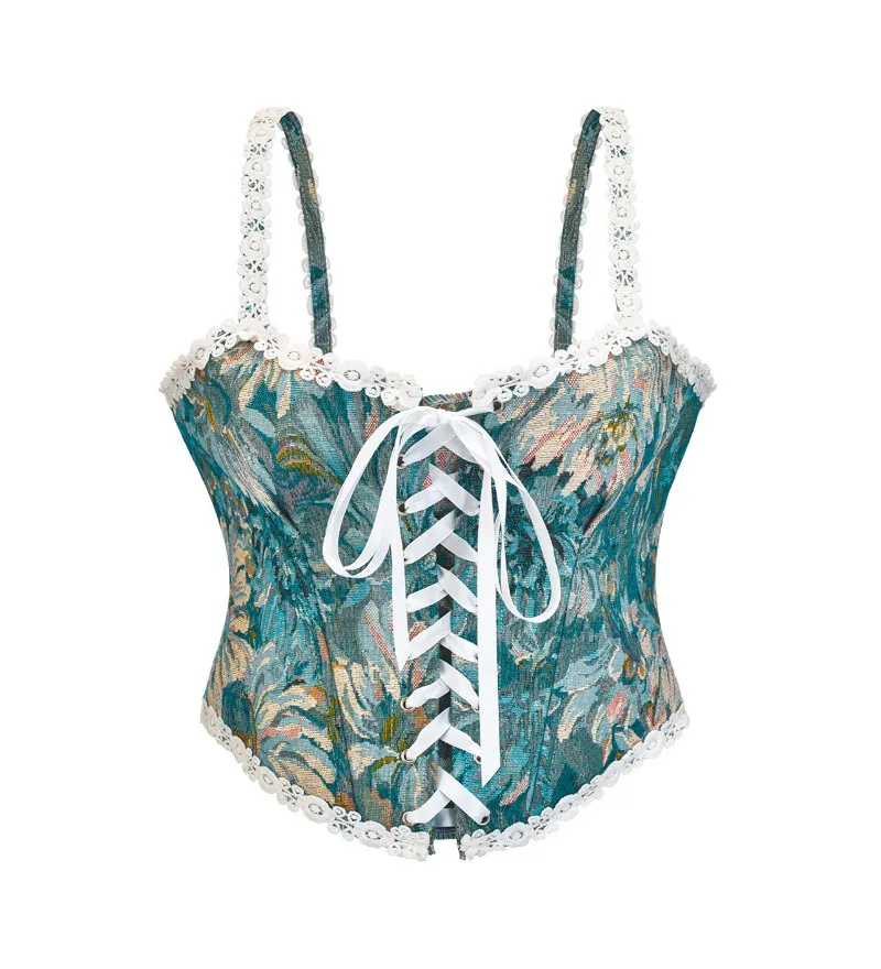 

Винтажный укороченный топ-бюстье с цветочным принтом и поддержкой костей для женщин, корсет с кружевной отделкой и завязкой спереди, корректирующее белье на бретельках