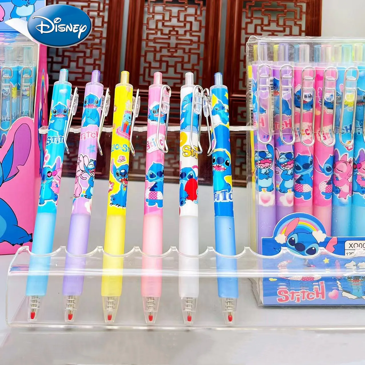 6/12pcs Disney Cartoon Stitch Push-Up Neutral Pen Childrens school supplies Black Neutral Pen Childrens animation Christmas gift