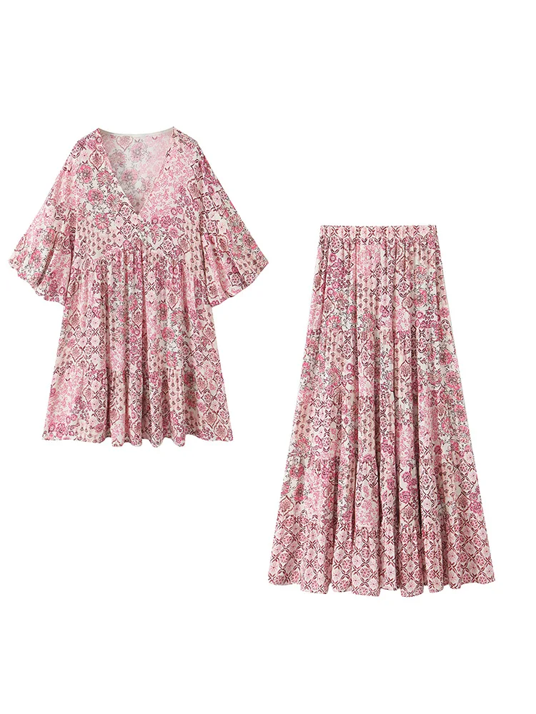 

KUCLUT Women Fashion 2 Piece Set Printed Pleated Mini Dress & Vintage Elastic Waist Midi Skirt Female Chic Lady Skirts Set