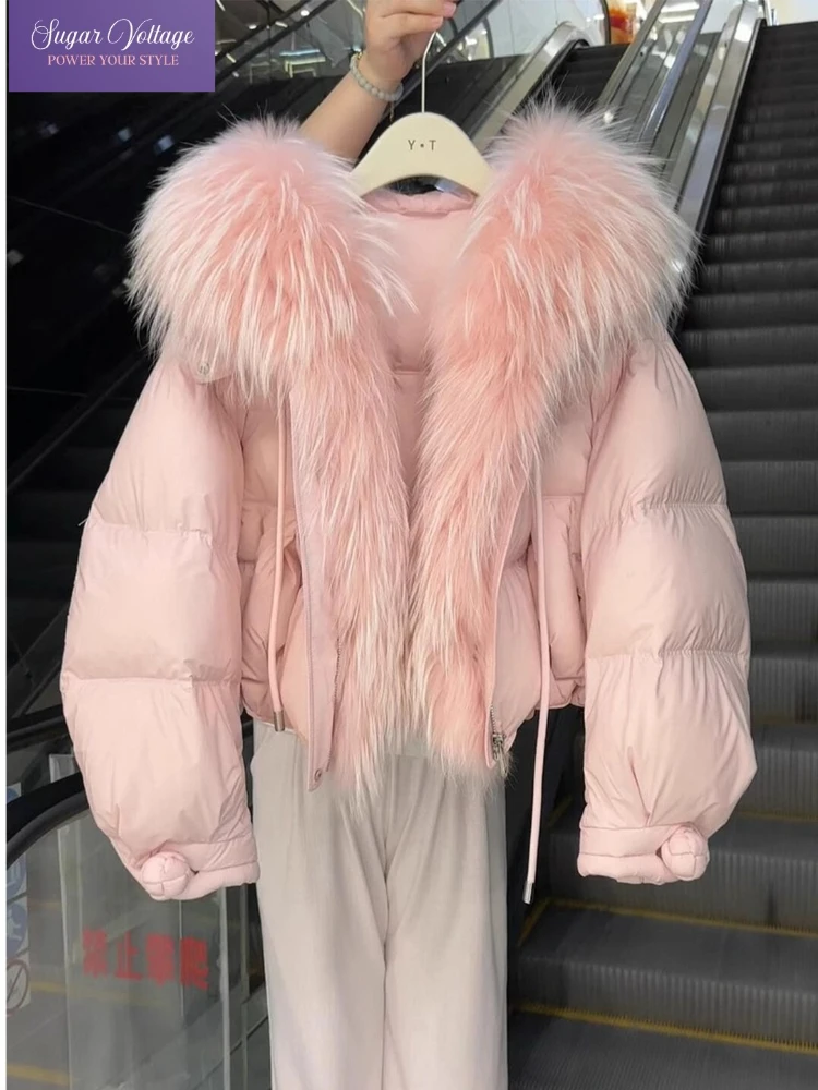 

Корейская мода Harajuku, милая теплая куртка-пуховик с капюшоном, женская зимняя куртка большого размера с меховым воротником и затянутой талией, плюшевое шикарное короткое пальто