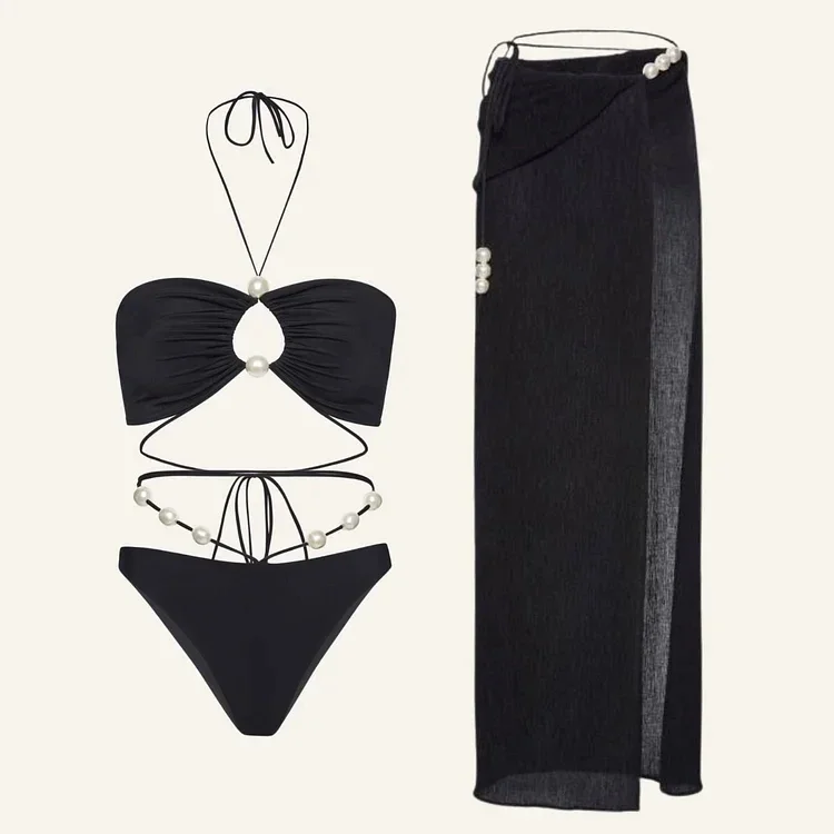 Bikini de cintura alta con cuello Halter para mujer, traje de baño Sexy con perlas, ropa de playa, venta al por mayor, 2024