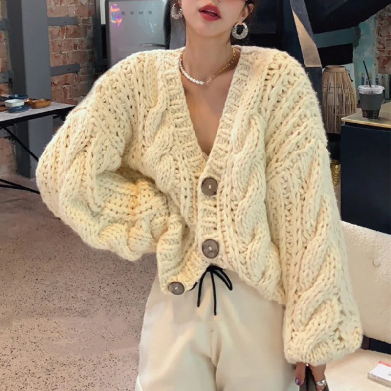 Cable Knit Drop Shoulder Button Front Cardigan V-Neck Hand-knit Chunky Sweater Tops Autumn/Winter Woman Clothing