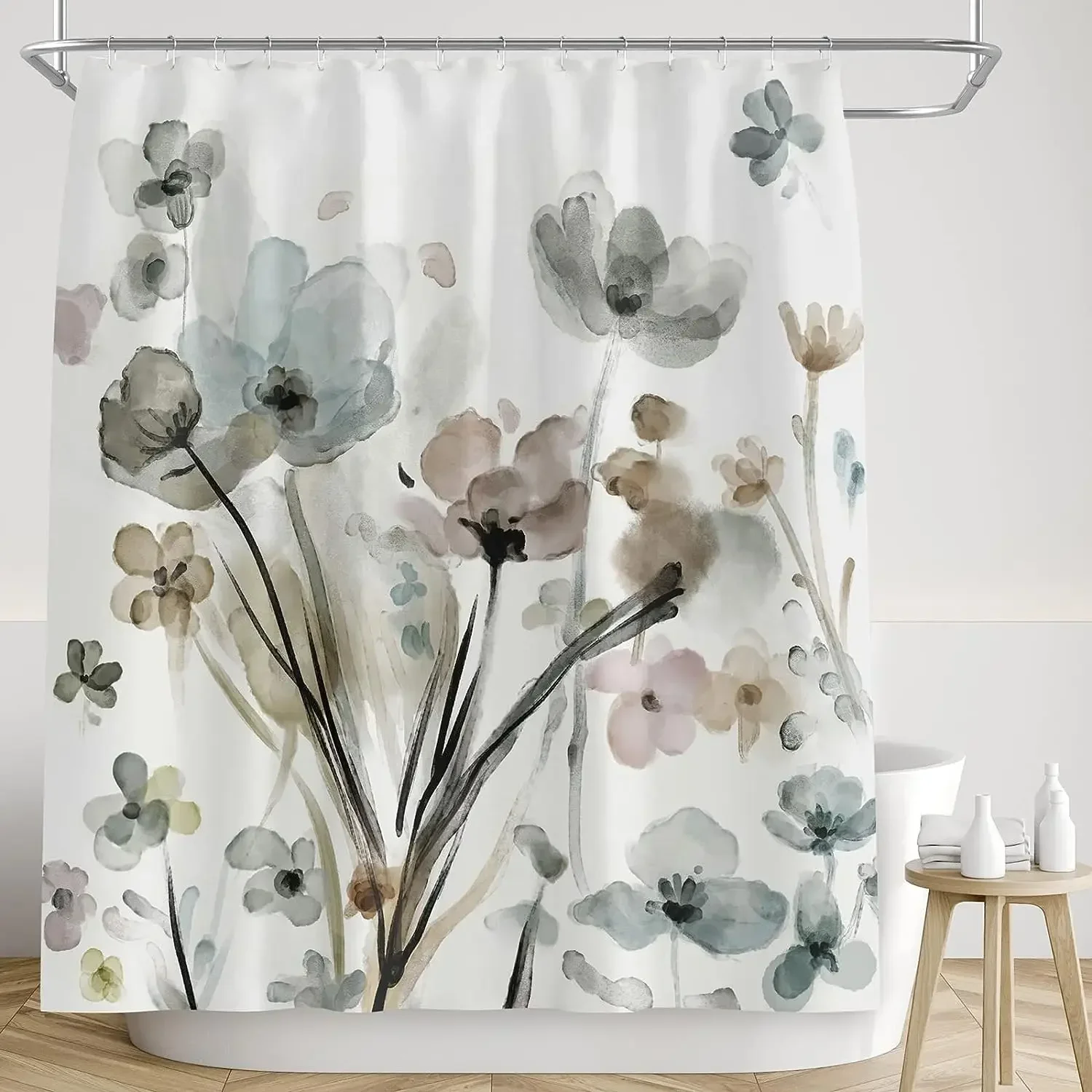 Colorful Flower Dhower Curtain, Watercolor Floral Romantic Wildflower Plants Nature Scenery Girl Pink Flower Bathroom Decoration