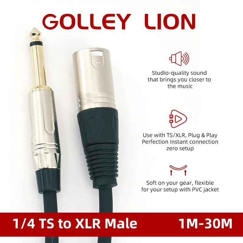 GOLLEY LION XLR Male to 1/4 Inch TS Cable, XLR 3 Pin Male to Quarter inch 6.35mm TS Unbalanced Interconnect Wire Mic Cord