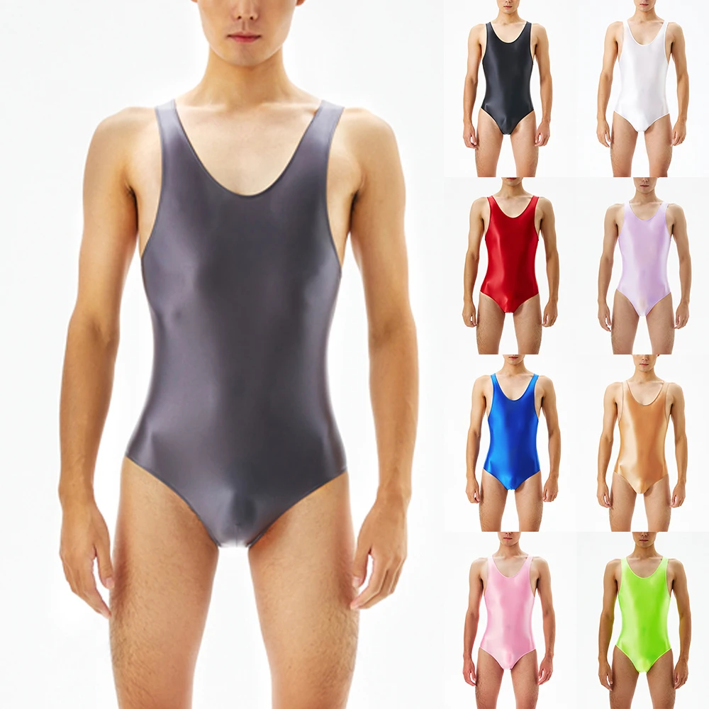 بدلة سباحة مثيرة لامعة للرجال بدلة سباحة حريرية لامعة من قطعة واحدة بدون أكمام ملابس داخلية ناعمة للمثليين ملابس داخلية مثيرة