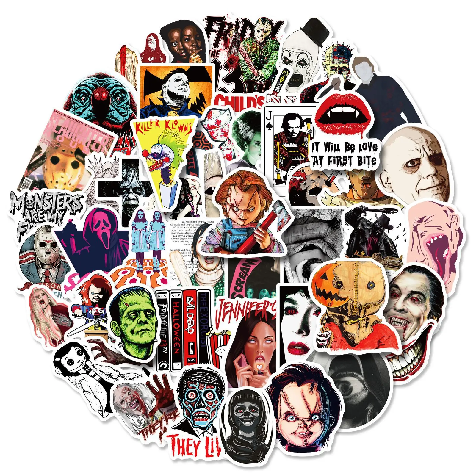 50Pcs Thriller Horror Movie Killer Role Character Stickers for Water Bottle Cup Laptop Guitar Car Motorcycle Bike Skateboard