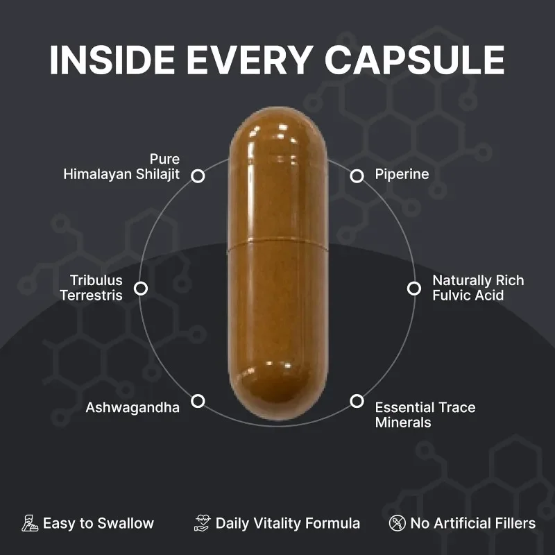 Shilajit (1000mg Per Serving, 60 Capsules), Containing Tribulus Terrestris and Piperine | Energy, Immunity, and Vitality Support
