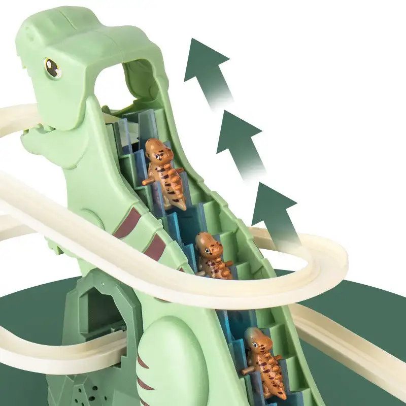 Electric Dinosaur Chase Race Track Playset Children\'s Cute Cartoon Duckling Climbing Stairs Toy Rail Car Electric Slide Roller