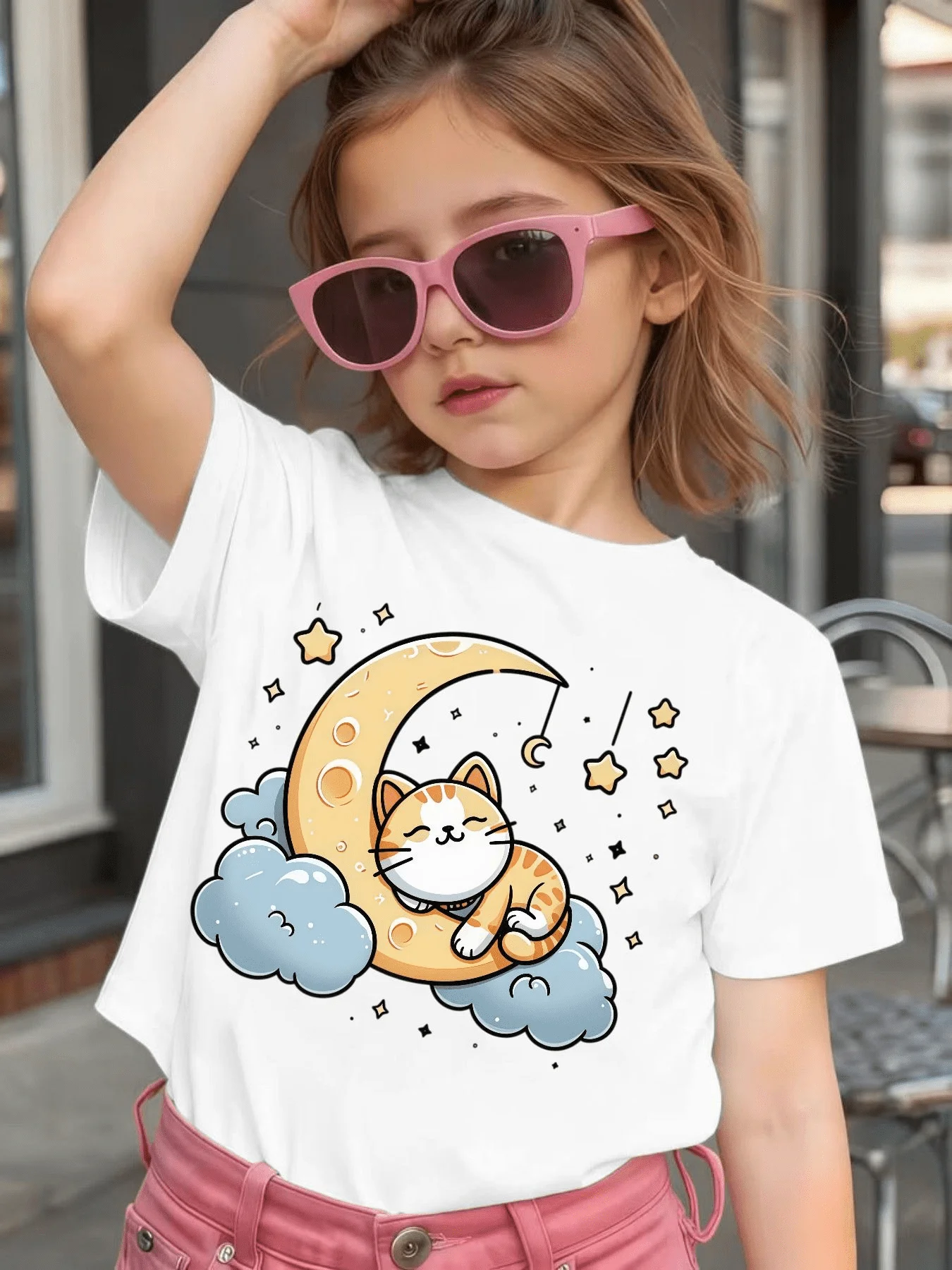 Cute Sleeping Cat Moon Cloud Cartoon Graphic Kids Tee Boys Girls Family Matching Cotton Crew Neck Short Sleeve Soft Summer Tee