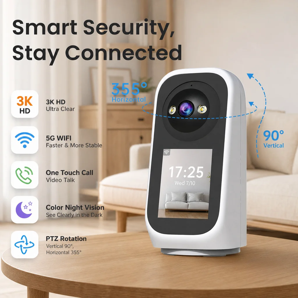 Jooan 3K PTZ IP Camera Video Call with 2.8Inch LED Screen Baby Cry Sound Detection Security Camera AI Tracking Baby Monitor