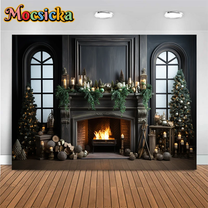 คริสต์มาสฉากหลังสําหรับถ่ายภาพ Props ในร่ม Xmas Tree หน้าต่างสีเทาเด็กภาพพื้นหลังวอลล์เปเปอร์ตกแต่ง Photozone