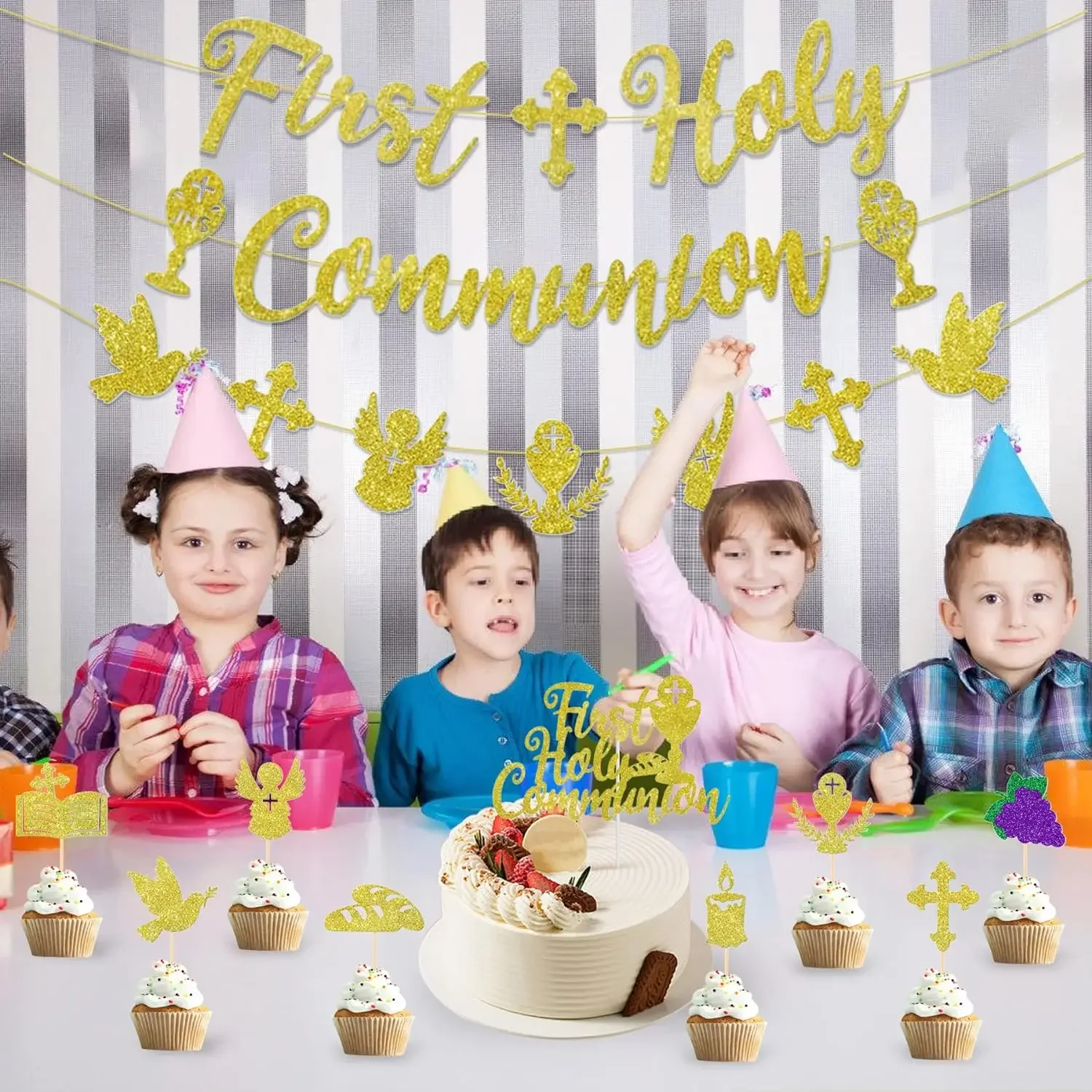 First Holy Communion Decorations Golden Banner Angel Cross Cake Topper for Baby Baptism Space Decorations