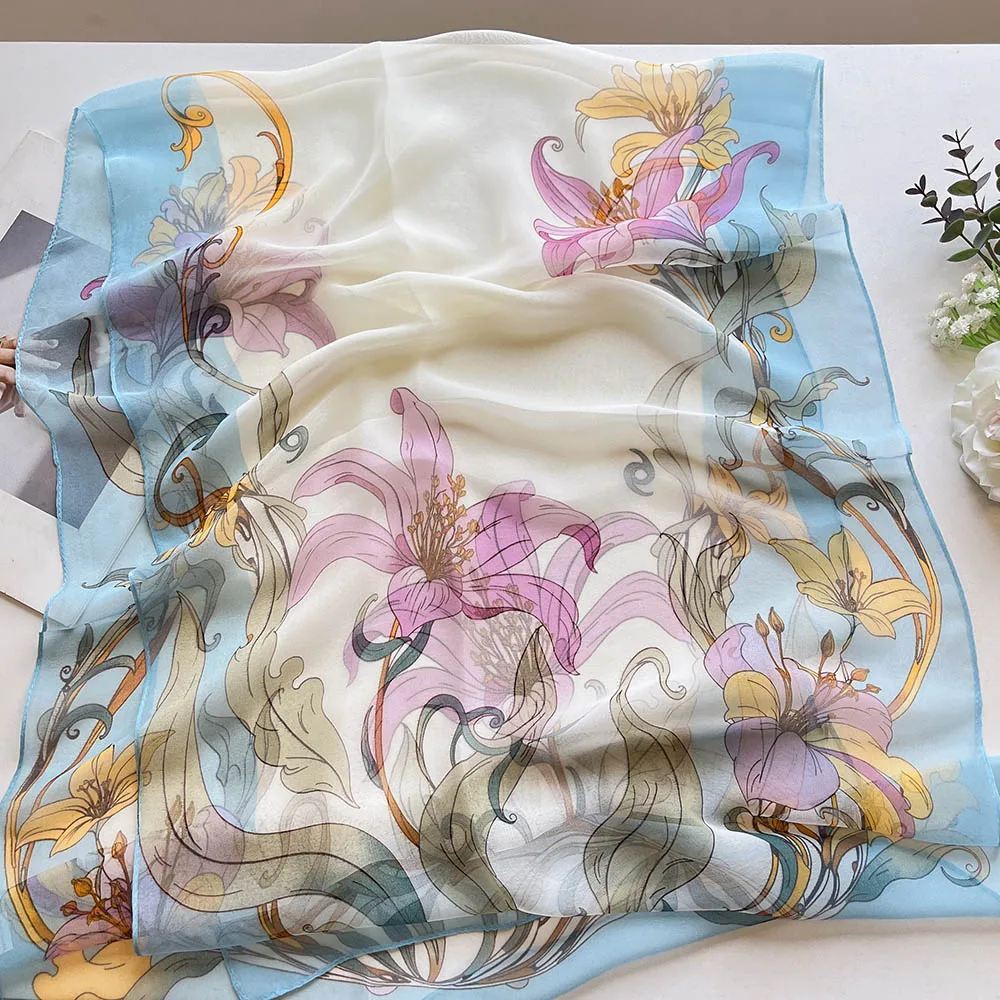 Lily Women Elegant Chiffon Georgette Bandana Scarf Flower Print Summer Travel Sunscreen Thin Hijab Breathable Party
