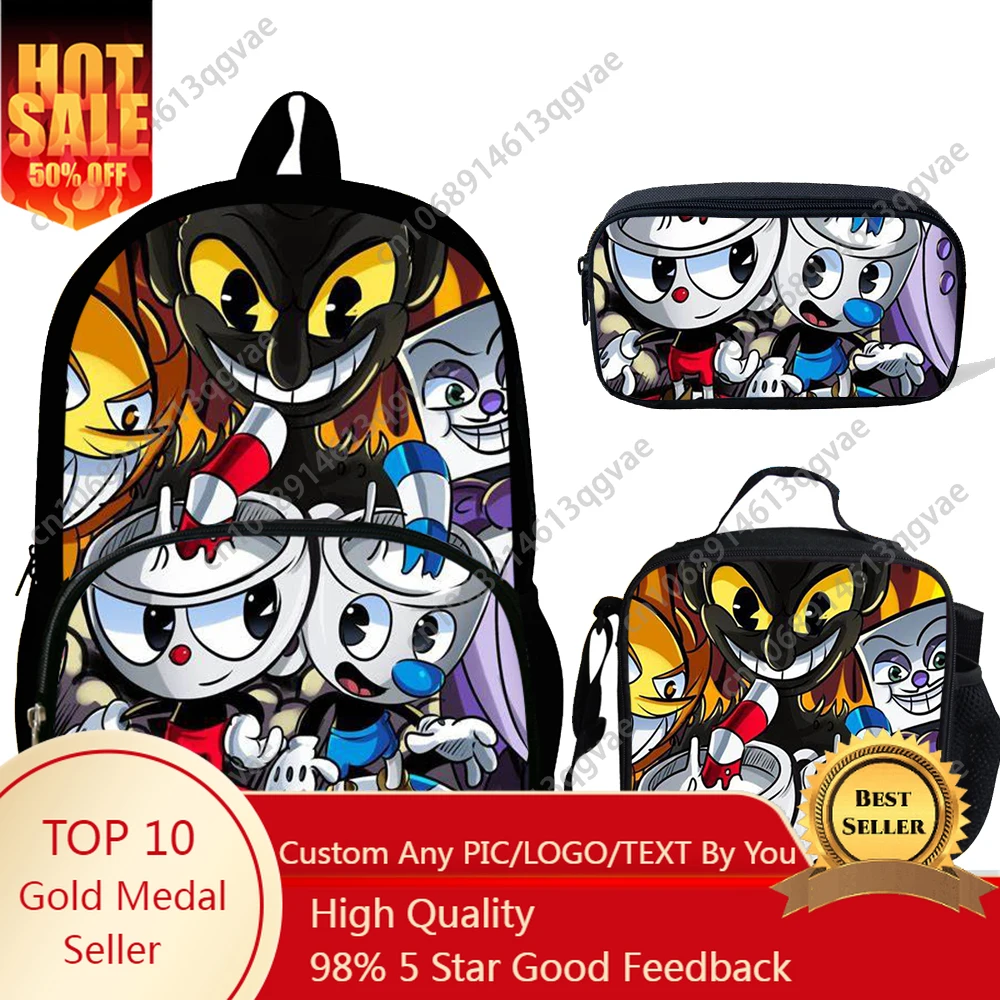 

Hot Game Cuphead Mugman Child Backpack with Front Pocket,Lunch Bags,Pencil Bags for Boys and Girls Cartoon Backpack ,Best Gift