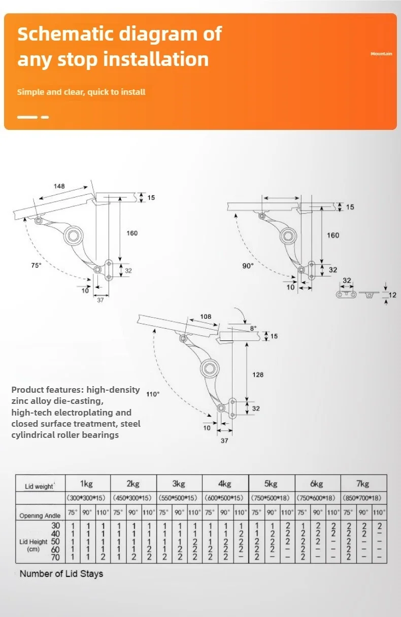 1 Stück Hydraulisches Zufallsstopp-Scharnier für Küchenschranktüren, Verstellbares Polier-Scharnier, Möbel-Hebeklappenscharnier, Stützbeschlag – Detail 7