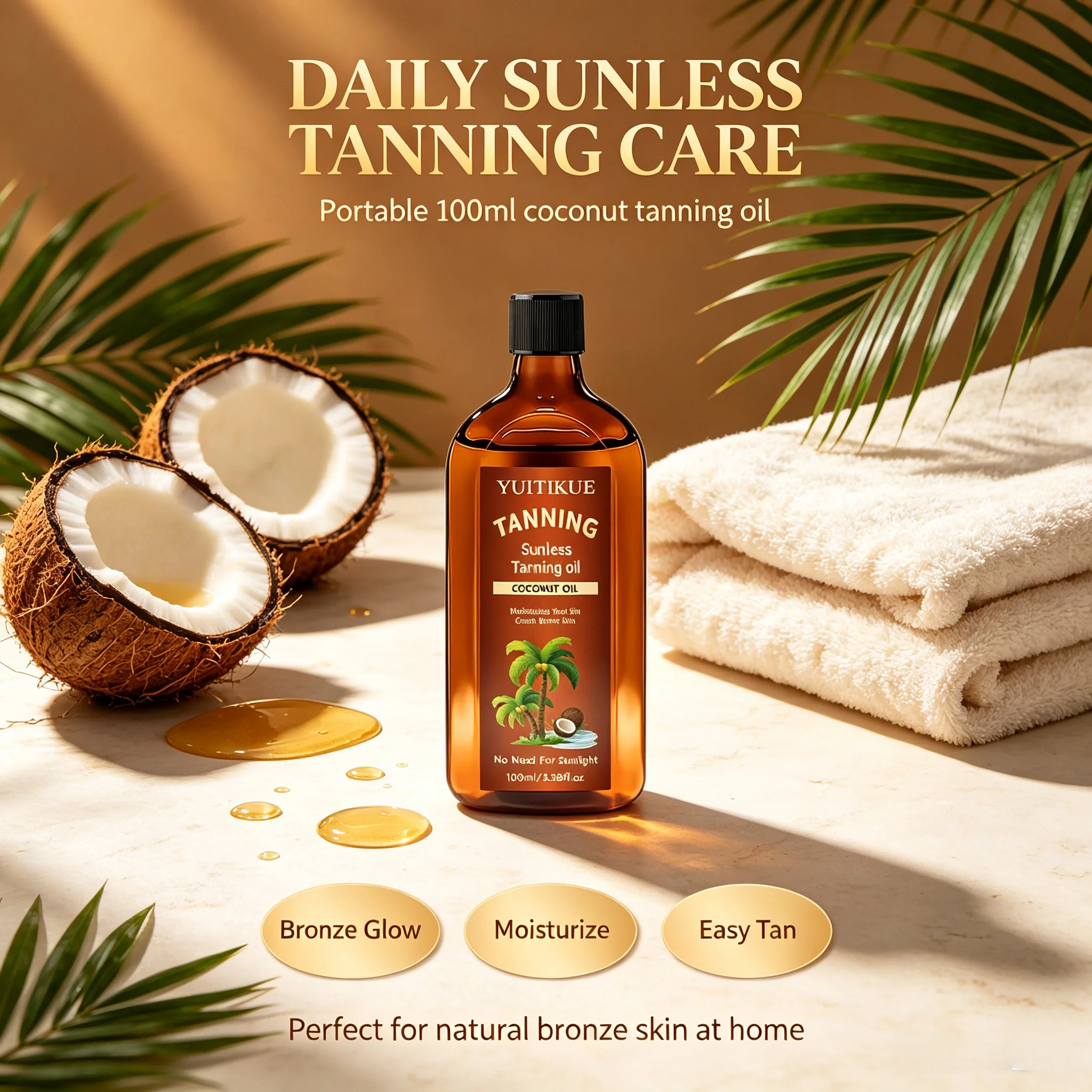 YUITIKUE Coconut Sunless Tanning Oil 100ml Create Natural Bronze Skin Moisturizing Self Tanning Body Oil
