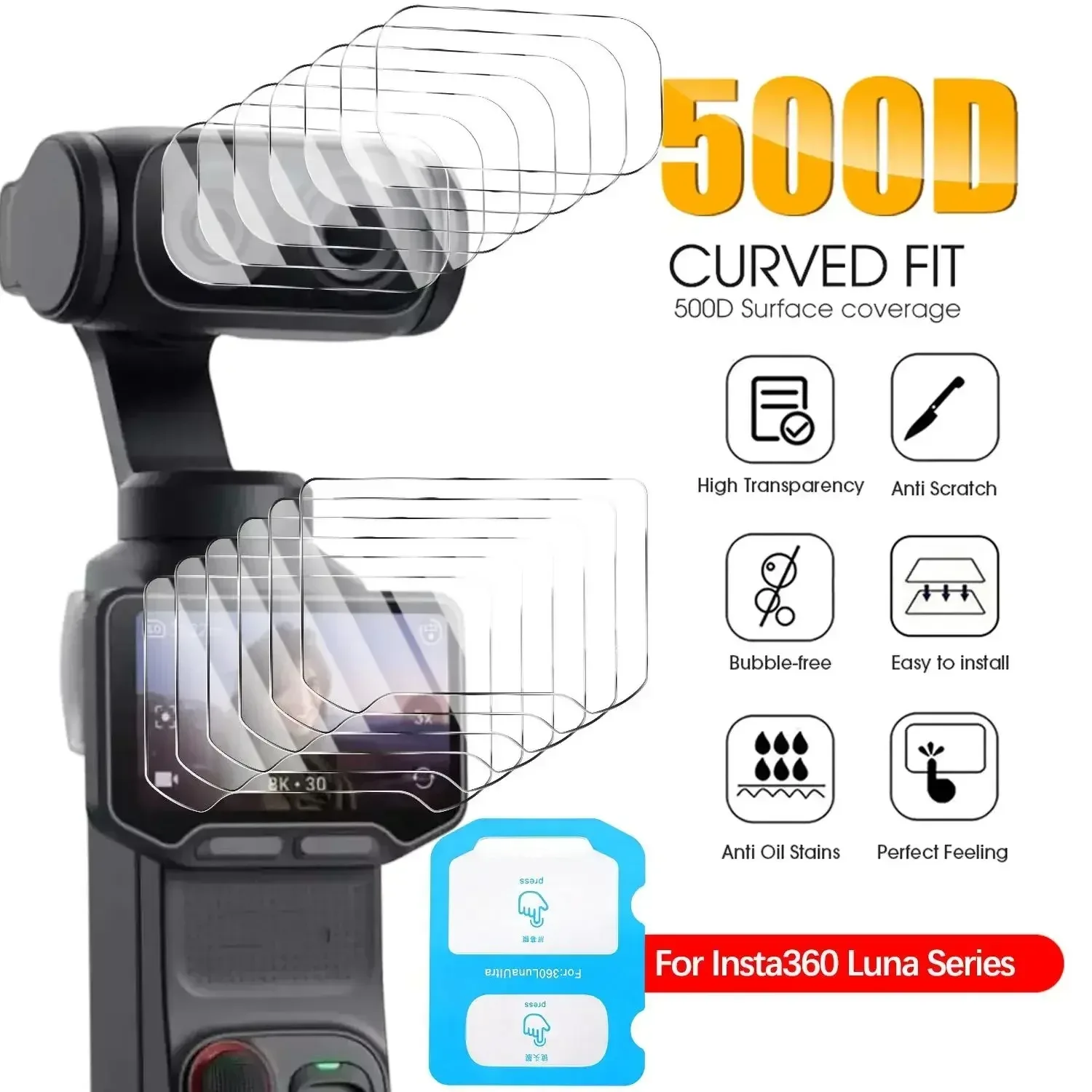 Protetor de Tela e Lente de Vidro Temperado 9H para Insta360 Luna Ultra, Anti-Risco, HD Claro, Sem Bolhas, Fácil de Instalar, Acessório para Câmera