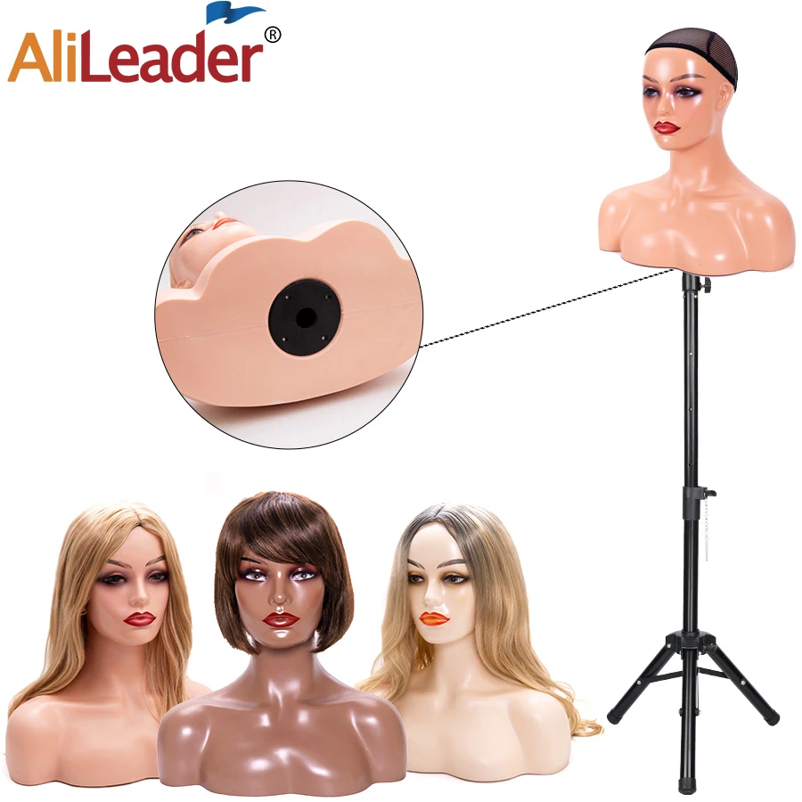 Realistic Female Mannequin Head with Shoulder Manikin PVC Head Bust Wig Head Stand with Makeup for Necklace Earrings