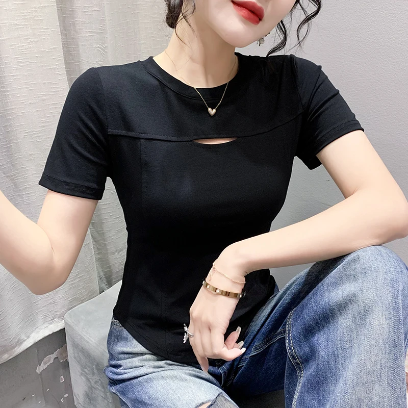 Madblack Zomer Europese Kleding Tshirt Vrouwen Sexy O Necks Hollow Out Slim Tops Met Korte Mouw Basic Tees Nieuwe 2023 T34445C