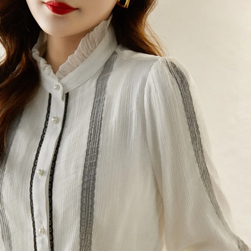 Autumn Clothes Standing Collar Patchwork Lace Button Blouse Gauze Single Breasted Fashion Casual Lantern Long Sleeve Women Shirt