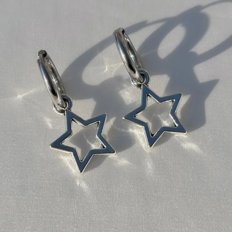 Star hoops | grunge earrings jewelry hypoallergenic y2k alt goth edgy punk silvery dangly nickel free