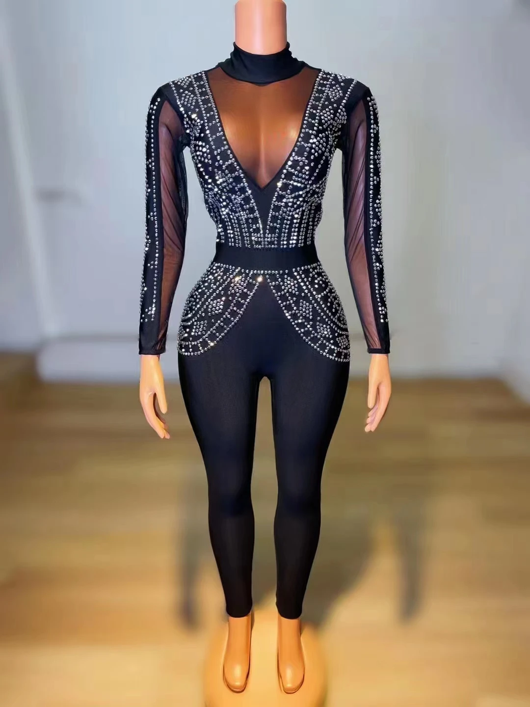 

Silver Rhinestones Black Mesh Jumpsuit Sexy Performance Rompers Female Singer Stage Wear Birthday Dance Wear Stretch Outfit
