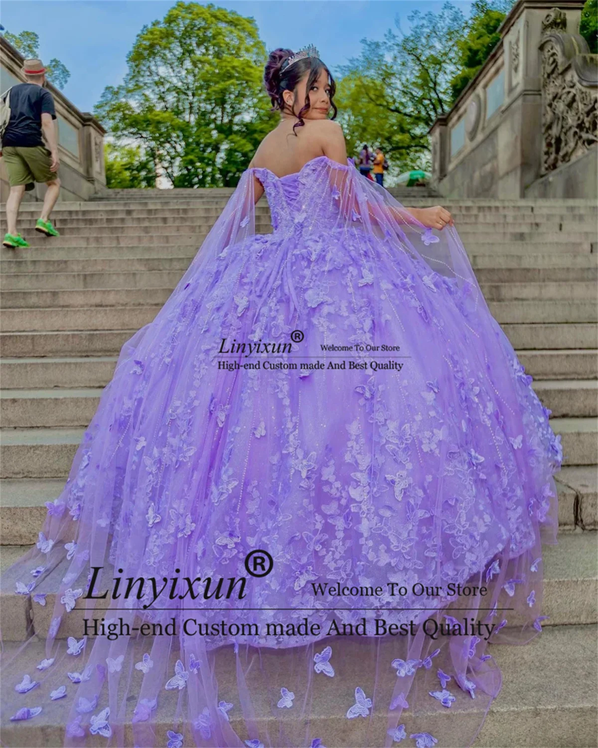 Vestido Quinceanera roxo com capa, Vestido de baile do México, Lantejoula, Apliques de Borboleta Frisados, Doce 16 Vestido, 15 Anos, 2024