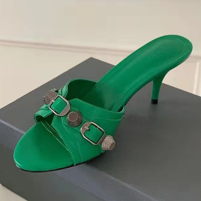Summer Metal Buckle Strap Women's Sandals Round Toe Thin High Heels Breathable Female Pumps Peep Toe Slip-on Sexy Madam Slippers view 4