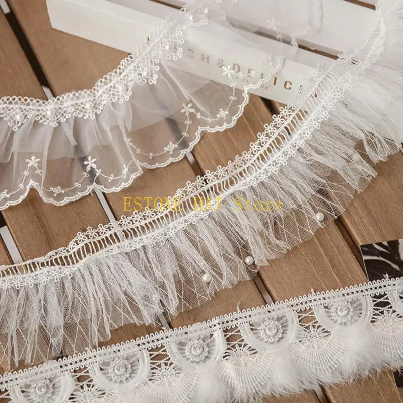 49MF 1 Yard Pleated Gathered Mesh Lace Ruffle Trim Ribbon Tassel Imitation Pearl Beading Applique Wedding Bridal Dress DIY Craft
