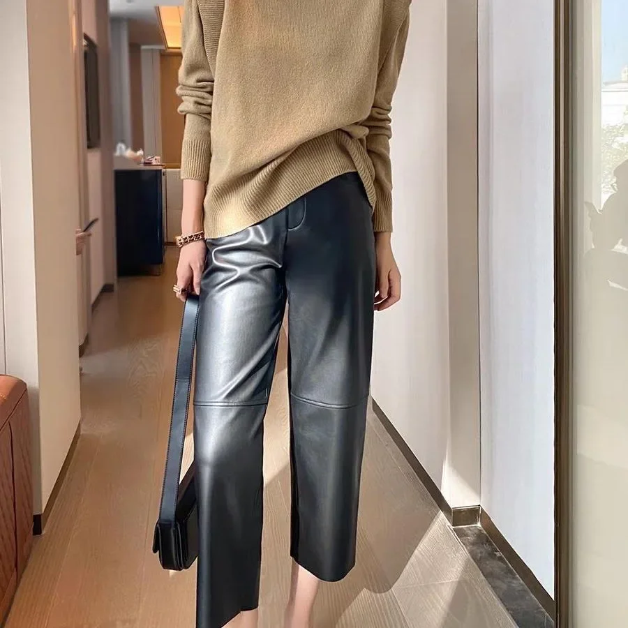 Hohe Taille Gerade Bein Schwarz PU Leder Hosen frauen plus Größe Neun Punkte Abnehmen Hosen Herbst Winter Neue Stil